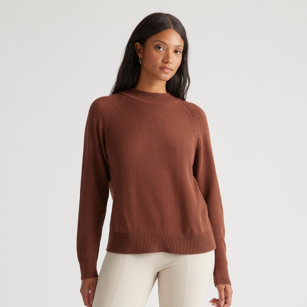 Quince Womens Organic Cotton Mock Neck Sweater S Brown Ribbed Knit Minimalist